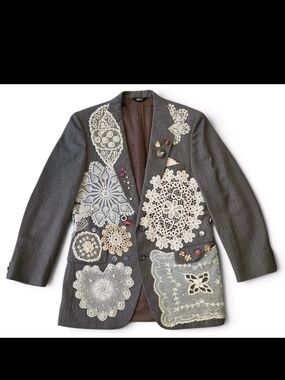 Vintage DAKS London Justers Upcycled Wearable Art Wool Blazer Lace Doily Boho